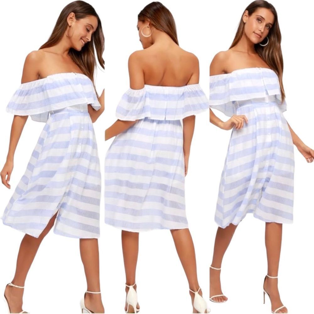 Lulus Blue White Striped Off Shoulder Mini Dress XS Summer - Picture 5 of 16